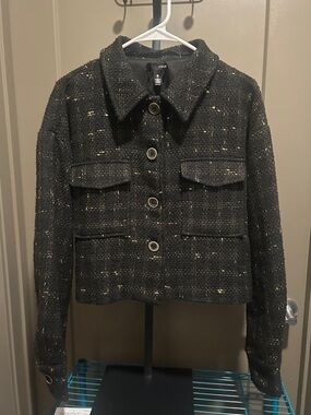 Aqua Black Tweed Jacket with Metallic Accent Buttons